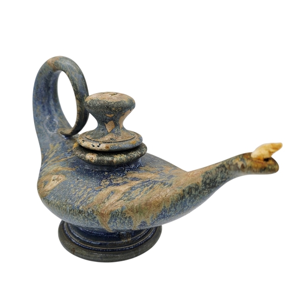Vintage Bill & Vive Mohl Art Pottery Oil Lamp Signed Genie Aladdin Blue w/Wick - Picture 11 of 15